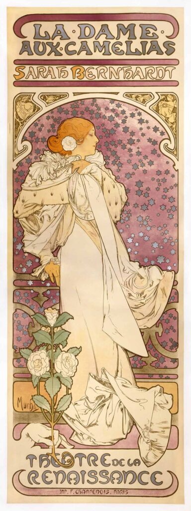 Affiche d'Alfons Mucha pour la pièce de théâtre La Dame aux camélias, avec Sarah Bernhardt (1896).